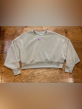 Nike Sherpa Cropped Sweatshirt Beige Fleece Pullover Pink Swoosh S